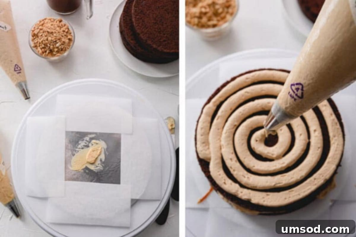 Chocolate Peanut Caramel Dream Cake 9 Side-by-side images showing a cake board with a dollop of frosting and parchment strips, and a chocolate cake layer with piped frosting.