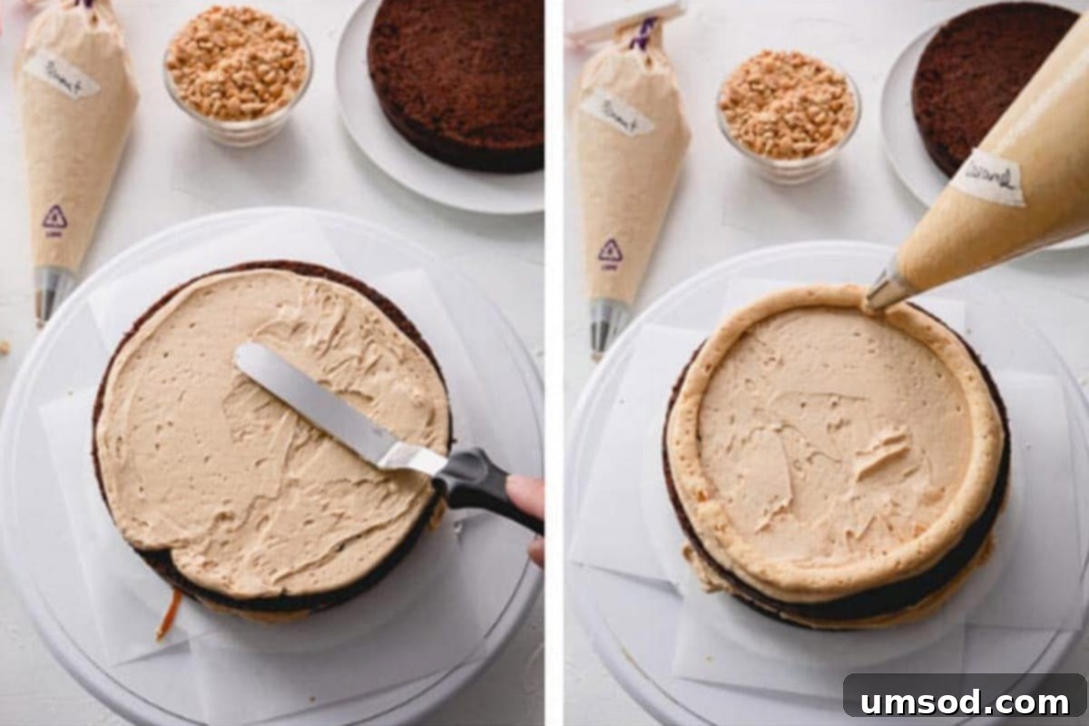 Chocolate Peanut Caramel Dream Cake 10 Side-by-side images depicting the smoothing of frosting on a chocolate cake layer and piping a decorative border along the edges.