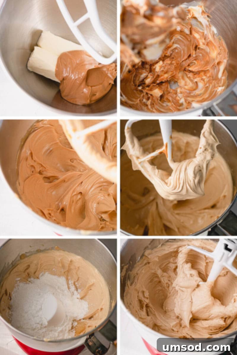 Peanut Butter Buttercream 5 Detailed step-by-step photos illustrating how to make a light and fluffy peanut butter buttercream. From whipping butter to a smooth final consistency. #frostingtutorial #bakinglessons #peanutbutterdesserts