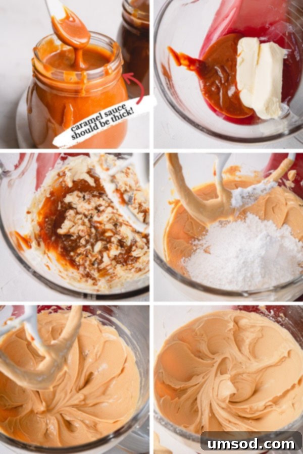 Step-by-step photos showing the process of making the fluffiest salted caramel buttercream frosting.