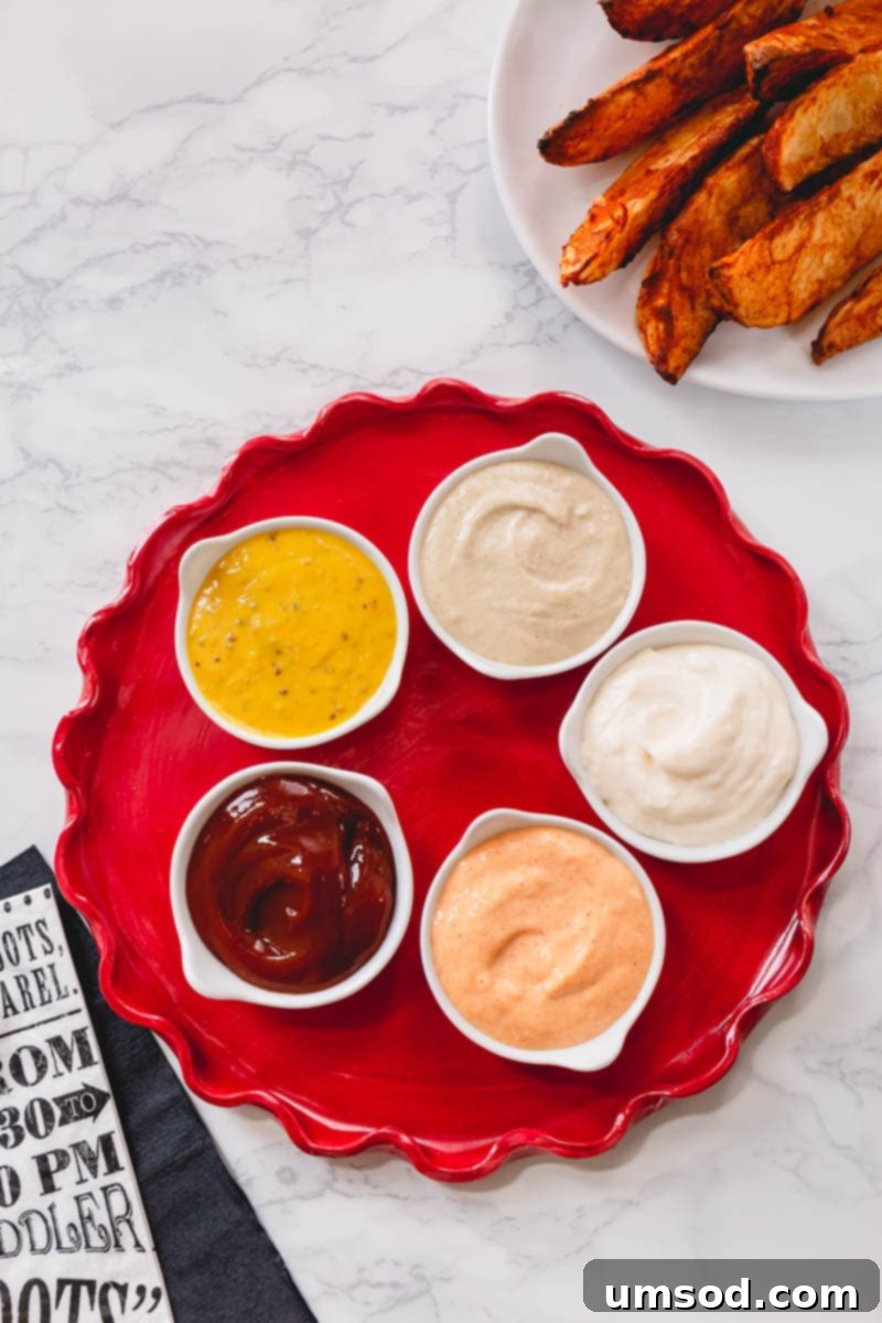 Dip into Delight: 5 Mouthwatering Sauce Recipes 2 A vibrant collection of 5 easy and delicious dipping sauces, showcasing their creamy textures and colorful ingredients, perfect for various snacks like steak fries and chicken nuggets.