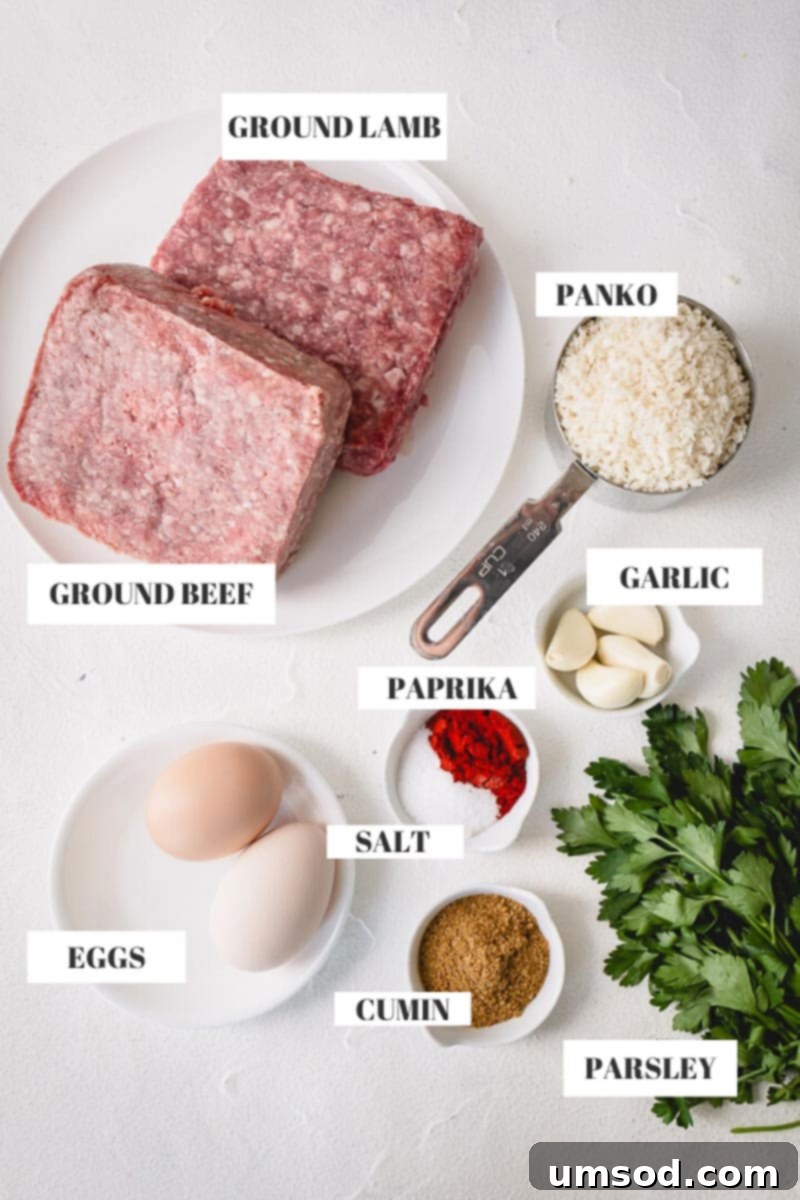 Urfa Kebab Excellence 4 A collection of fresh, simple ingredients laid out for Urfa kebab preparation, including ground meat, herbs, and spices