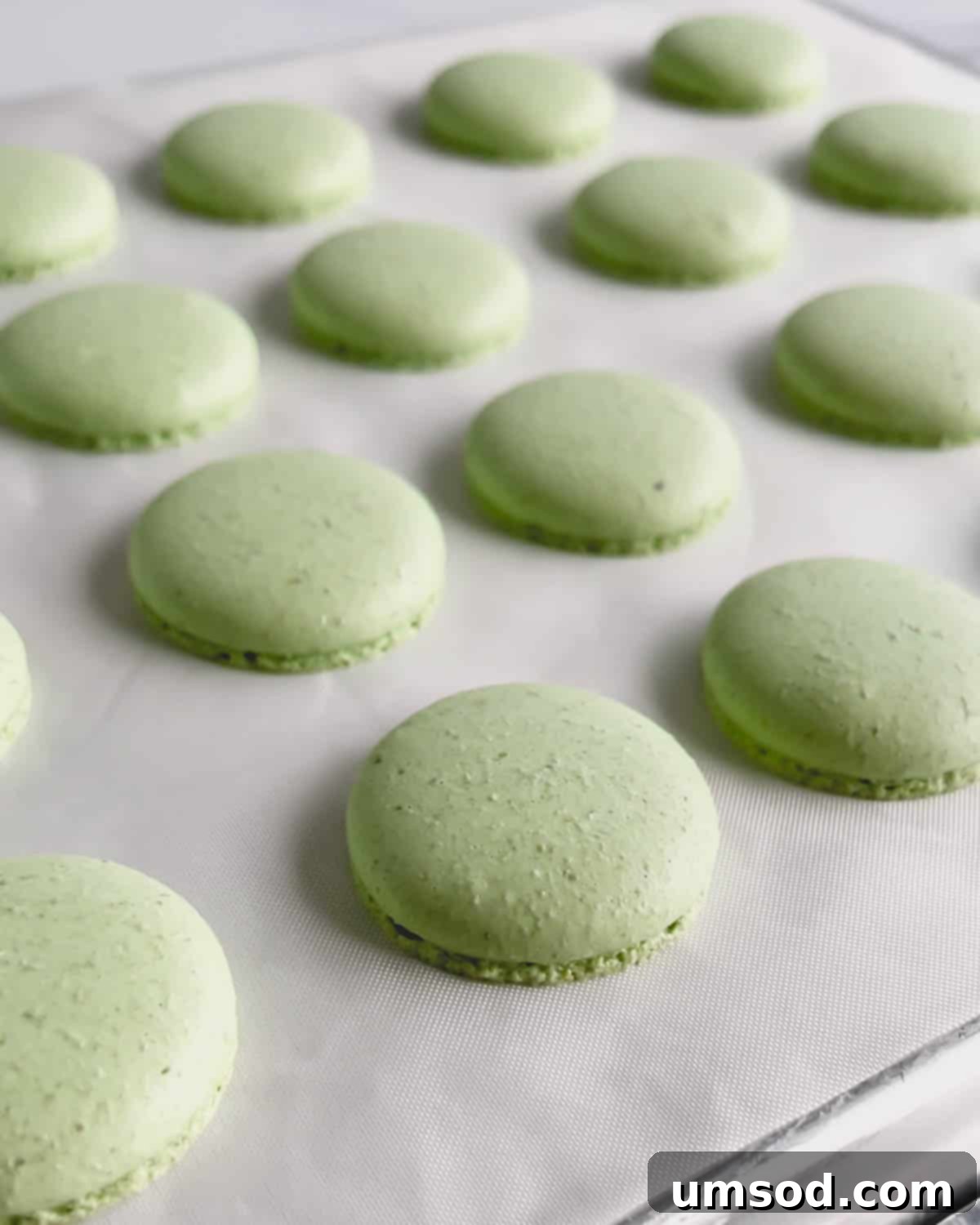 Baked green macaron shells on a white surface.