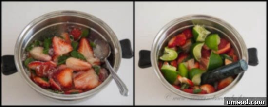 Strawberry Mojito Ingredients A collection of fresh ingredients for strawberry mojito: sliced strawberries, vibrant mint leaves, and juicy limes.