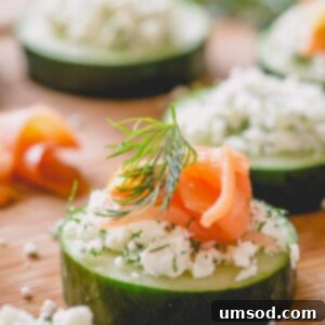A close-up of a single smoked salmon cucumber bite