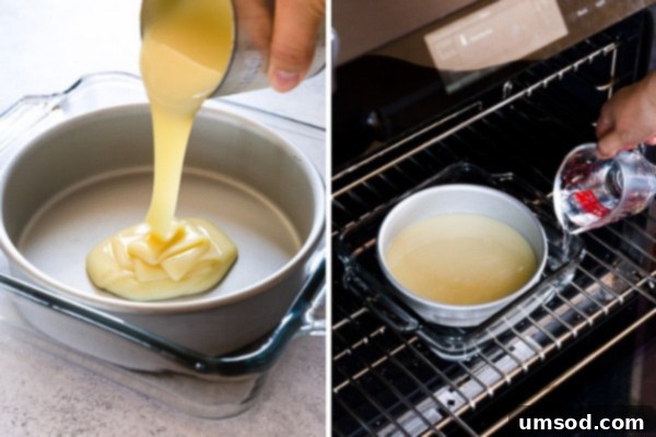 Condensed milk in a cake pan ready for oven
