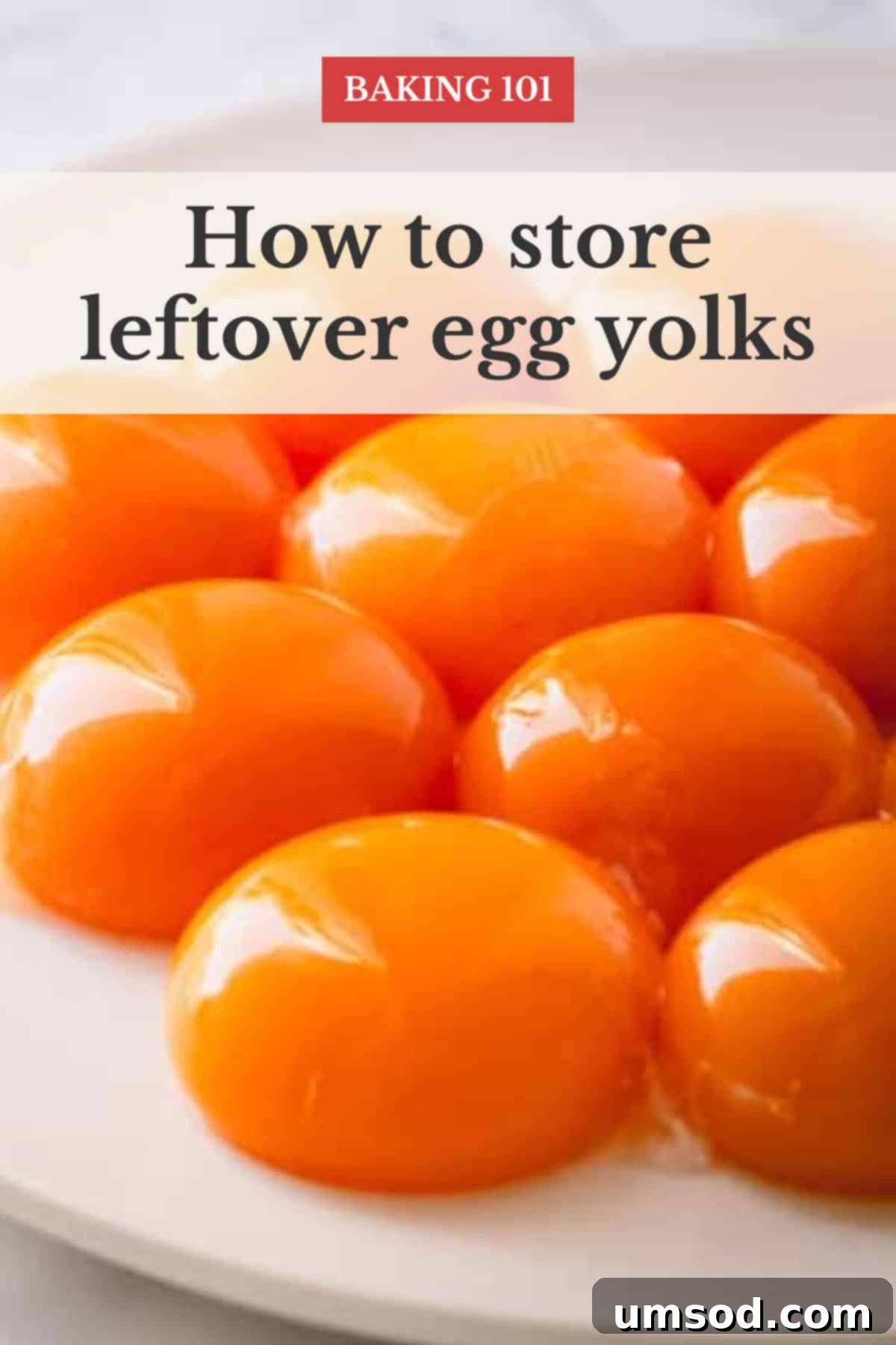 Ten golden egg yolks neatly arranged on a white plate, with a text overlay indicating 'How to Store Leftover Egg Yolks' for maximum freshness.