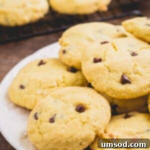 A plate brimming with golden-brown chocolate chip egg yolk cookies, showcasing their inviting texture and rich color.