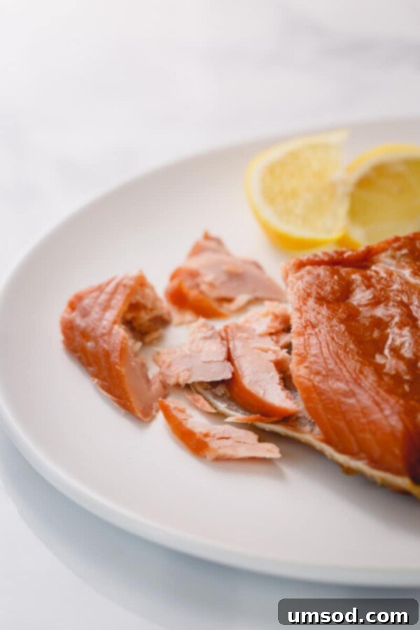 Cold vs Hot Smoked Salmon: A Deep Dive 4 A generously portioned piece of hot-smoked salmon, showcasing its firm, flaky texture and deep, cooked orange color.