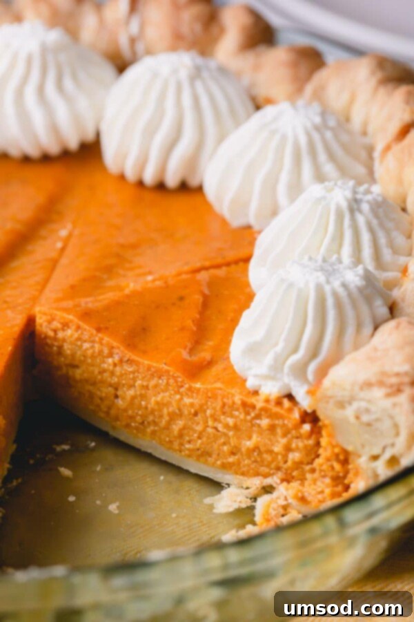 Foolproof Pumpkin Pie 4 A freshly baked pumpkin pie, adorned with a generous swirl of homemade whipped cream.