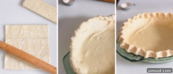 Foolproof Pumpkin Pie 5 Puff pastry sheets being prepared in pie dishes, showing crimped edges and ready for freezing.