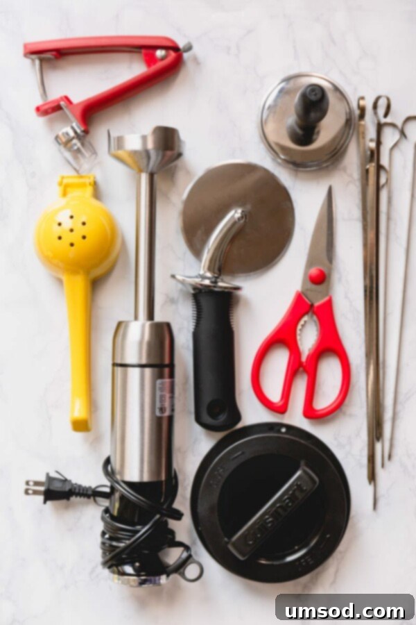 A collection of various kitchen tools and gadgets that are not essential but nice to have, including a steamer, pie dish, waffle maker, and toaster.