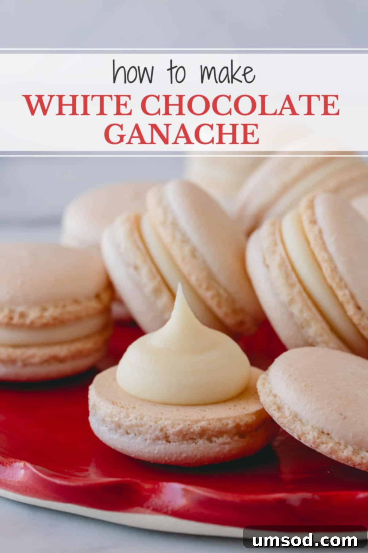 White macarons filled with white chocolate ganache on a red plate and a label reads "How to make white chocolate ganache".