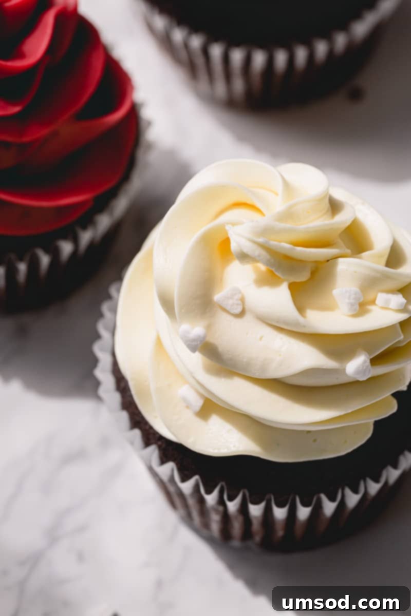 Chocolate cupcake frosted with tall whipped white chocolate ganache and white heart shaped sprinkles.