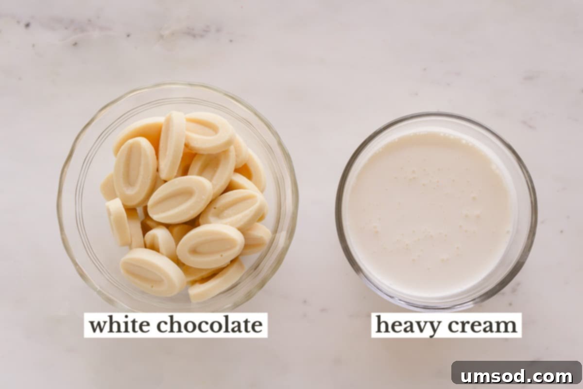White chocolate ganache ingredients in individual bowls.