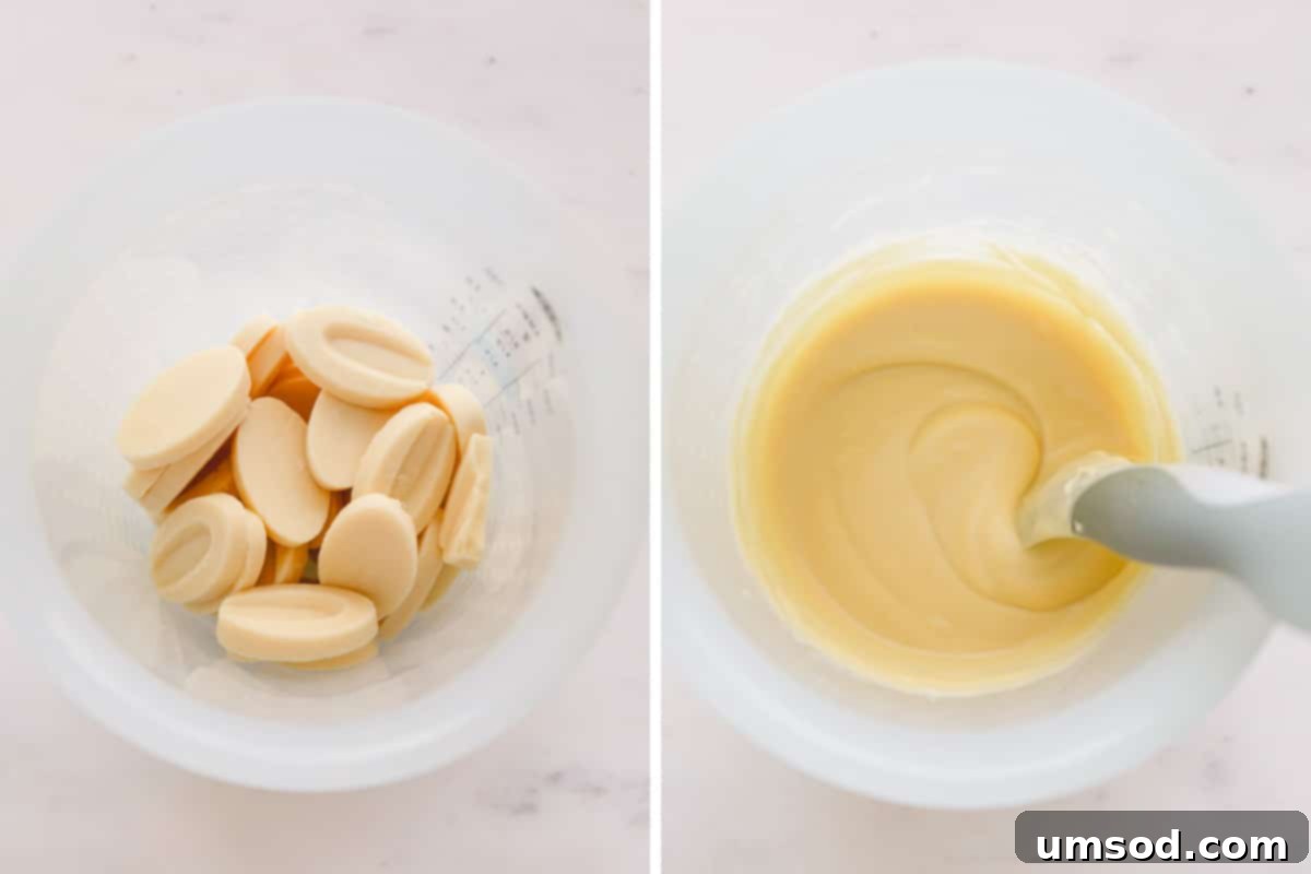 Side by side images of white chocolate solid and melted form.