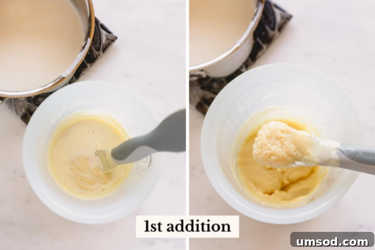 Side by side images of adding 1st additon of heavy cream into the melted chocolate. The mixture looks curdled on the right image.