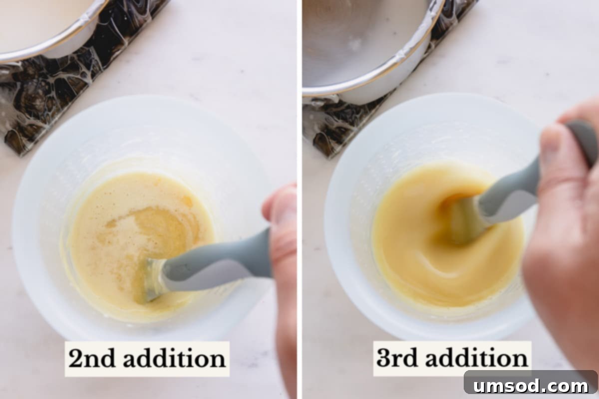 Side by side images of adding the remaing cream into the melted white chocolate and stirring the mixture.