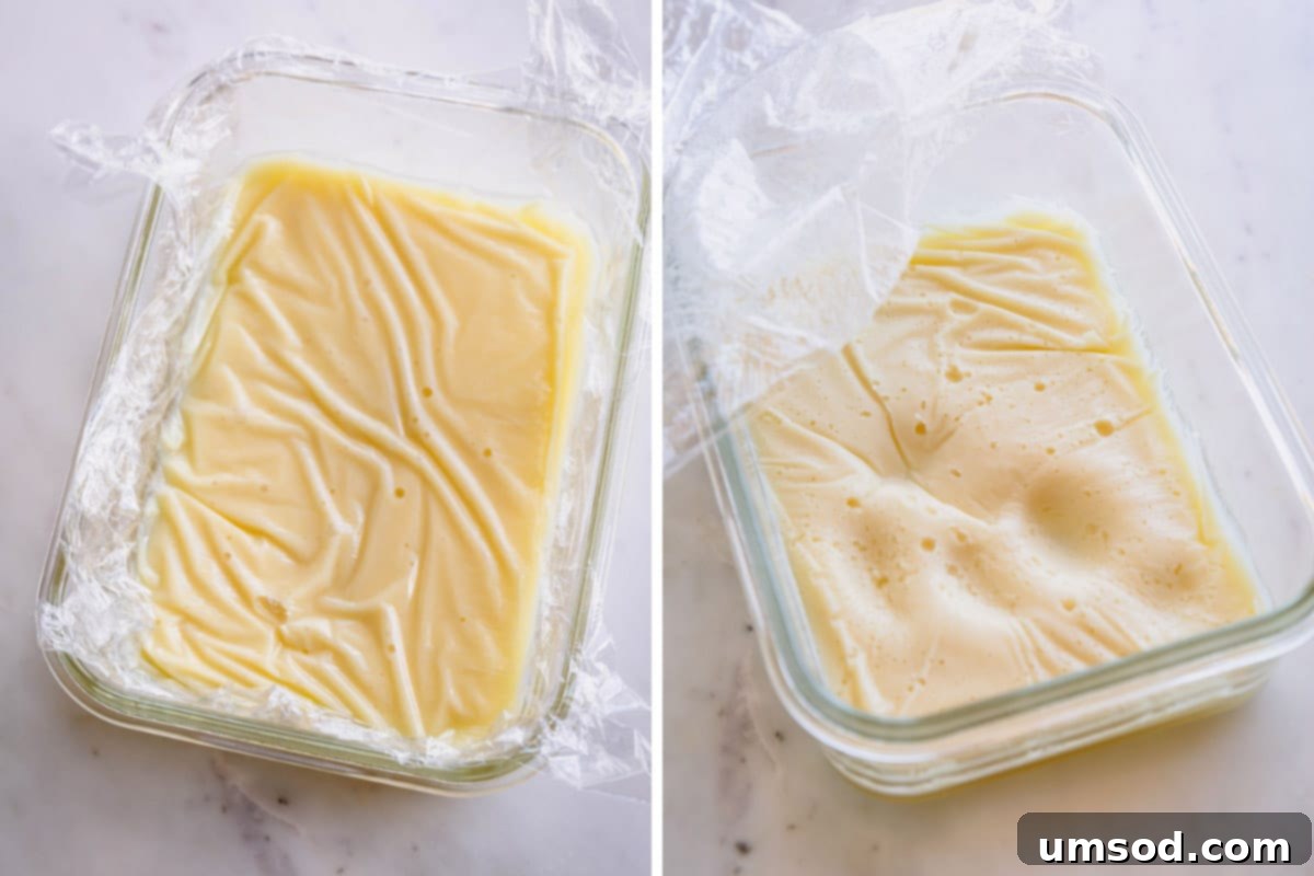 Side by side images of white chocolate ganache in glass container and covered with plastic wrap before and after setting.