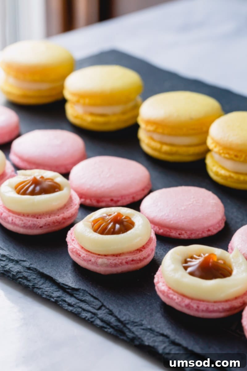 Pink and yellow macarons filled with white chocolate ganache ring and caramel sauce in the middle.