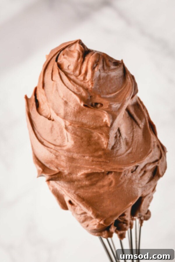 A beautifully frosted cake showcasing the smooth texture of chocolate Swiss meringue buttercream