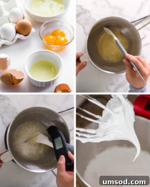 Egg whites and sugar being gently whisked over a double boiler