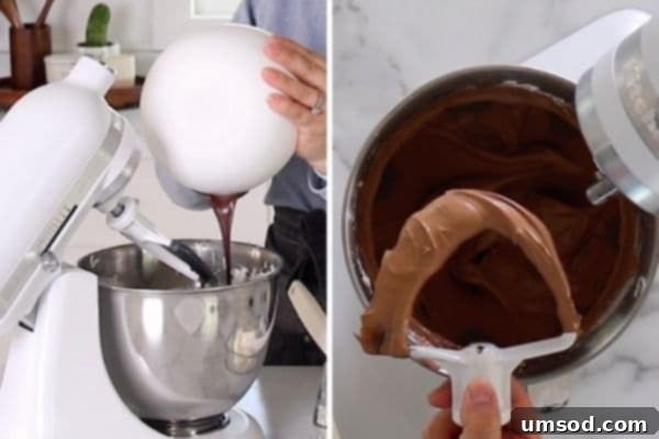 Cooled melted chocolate being poured into the prepared buttercream