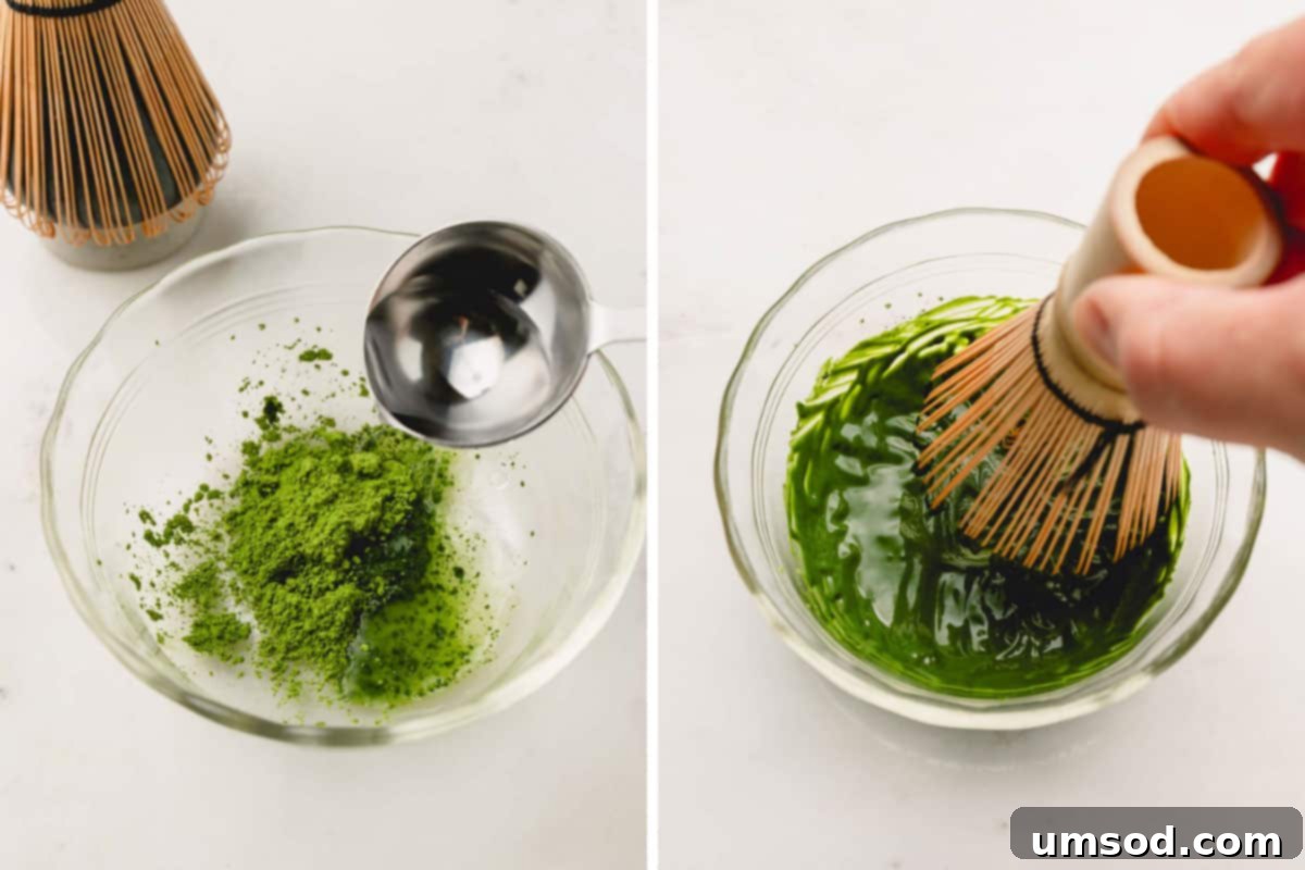 Mastering the Matcha Latte 6 A visual guide showing two stages of matcha paste preparation: adding hot water to matcha powder and then whisking it to a smooth consistency with a bamboo chasen.