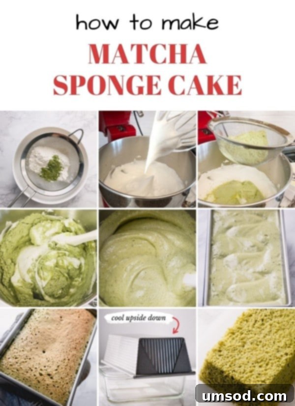 The baked matcha sponge cake, cooling upside down in its loaf pan.