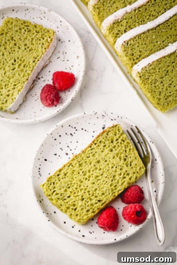 A beautifully sliced matcha sponge cake, showing its uniform texture.