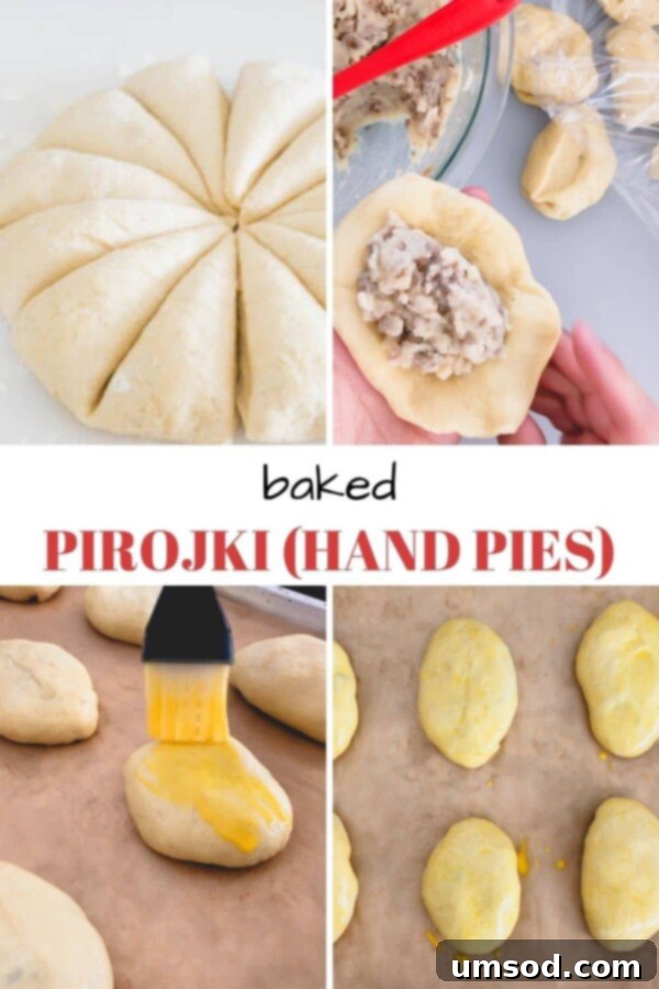 Traditional Russian Baked Meat Pirozhki 5 Freshly baked golden-brown pirozhki on a baking sheet.