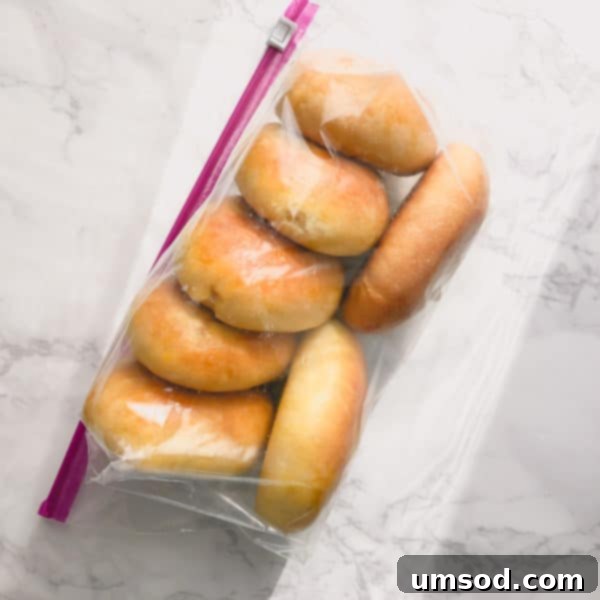 Traditional Russian Baked Meat Pirozhki 7 Frozen pirozhki being stored in a freezer bag.
