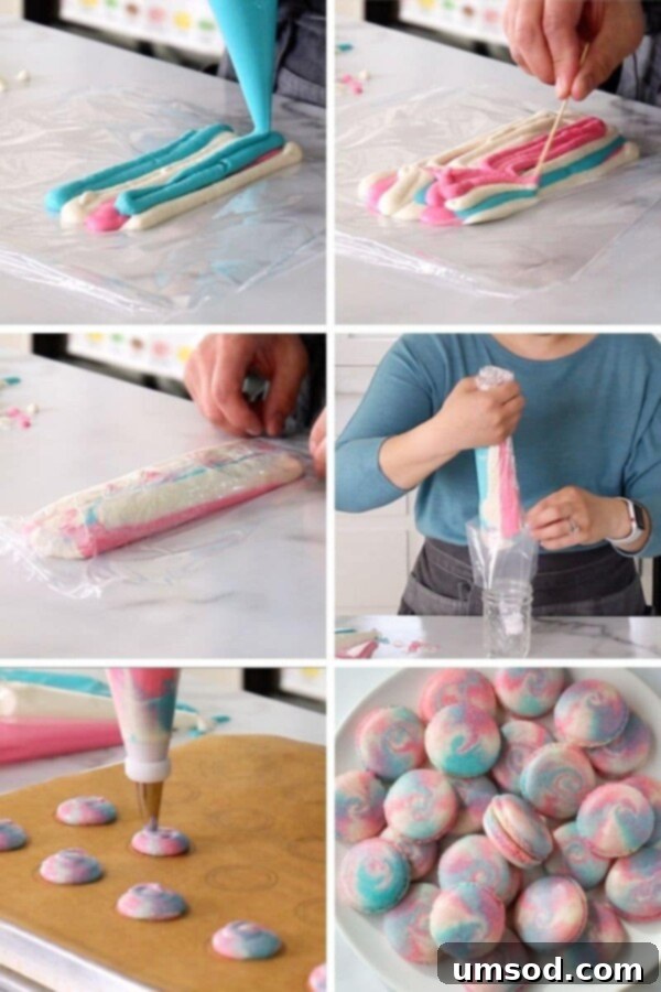 Process shot of combining multiple macaron batters on plastic wrap for the 'True Marble' method.