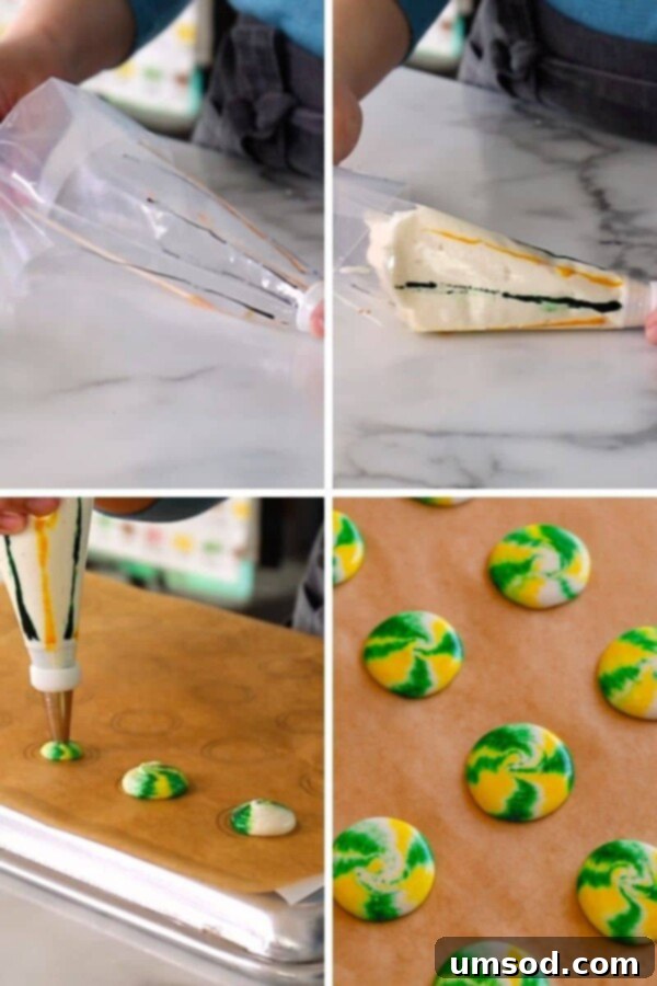 Process shot of drawing gel food coloring inside a piping bag for the 'Tie-Dye' method.