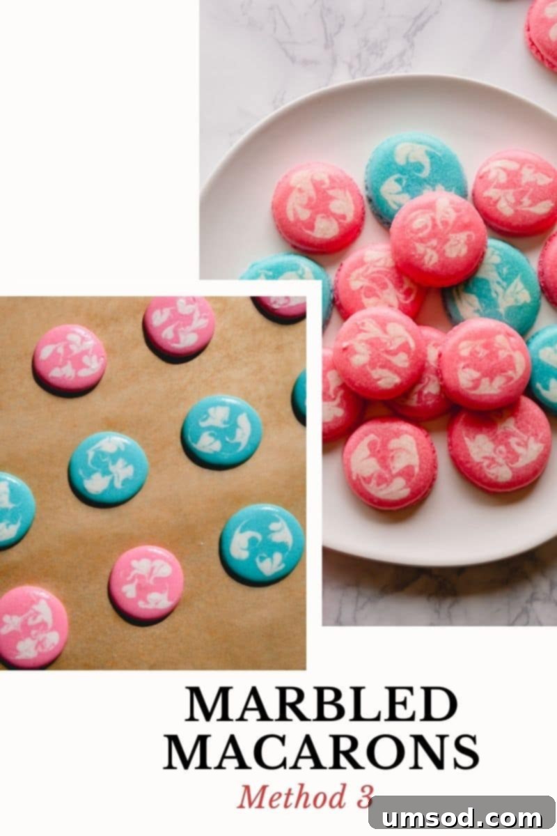 Elegant macarons with a distinct swirl design, created using a toothpick marbling technique.