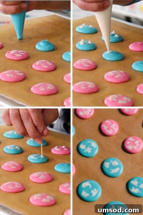 Process shot of using a toothpick to swirl colors on a macaron shell for the 'Swirl Design' method.