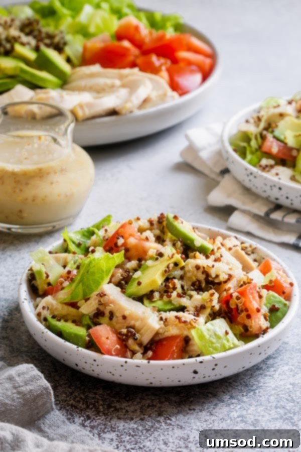 Colorful chicken quinoa salad in a bowl