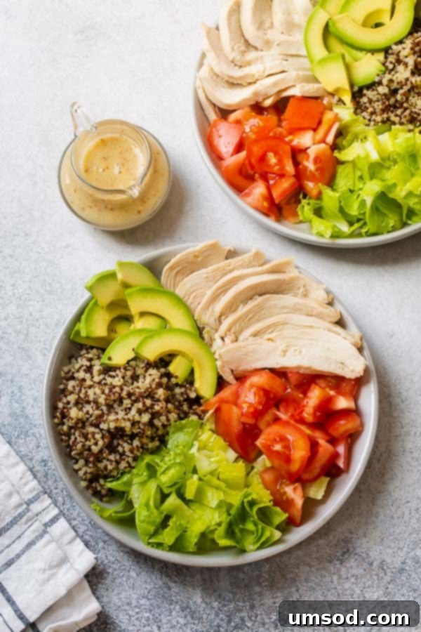 Close-up of chicken quinoa salad ingredients