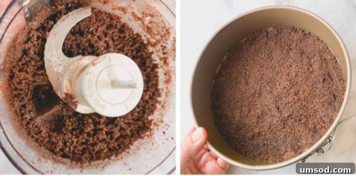 Side by side images showing crushed chocolate graham crackers in a food processor and the pressed crust forming the base of a springform pan.