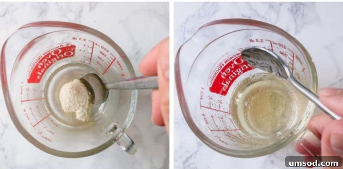 Side by side images depicting the process of soaking gelatin powder in cold water in a small bowl.