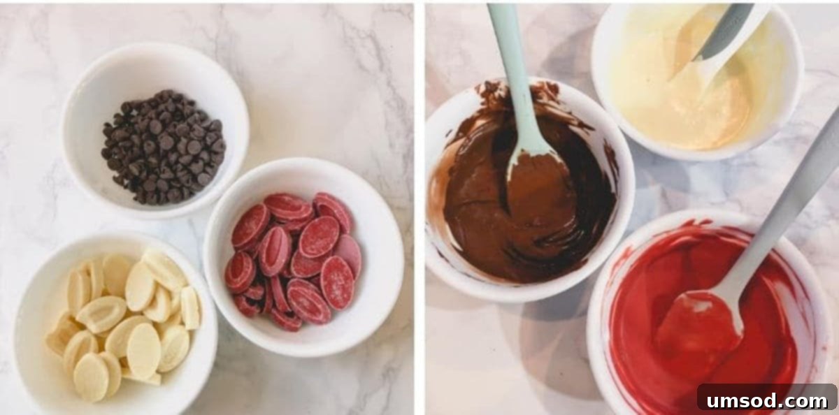 Three separate bowls with melted white chocolate, strawberry chocolate, and bittersweet chocolate, ready for mixing.
