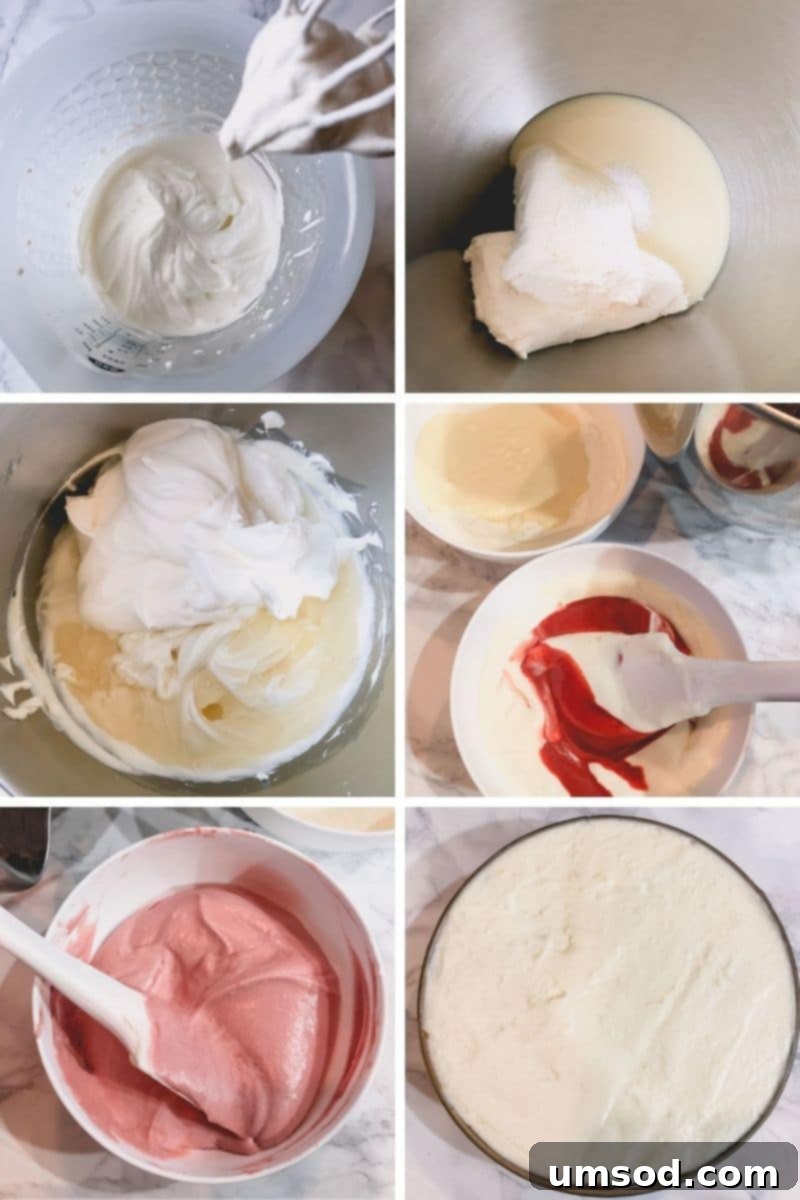 Three bowls containing the cheesecake base mixed with dark chocolate, strawberry chocolate, and white chocolate, ready for layering.