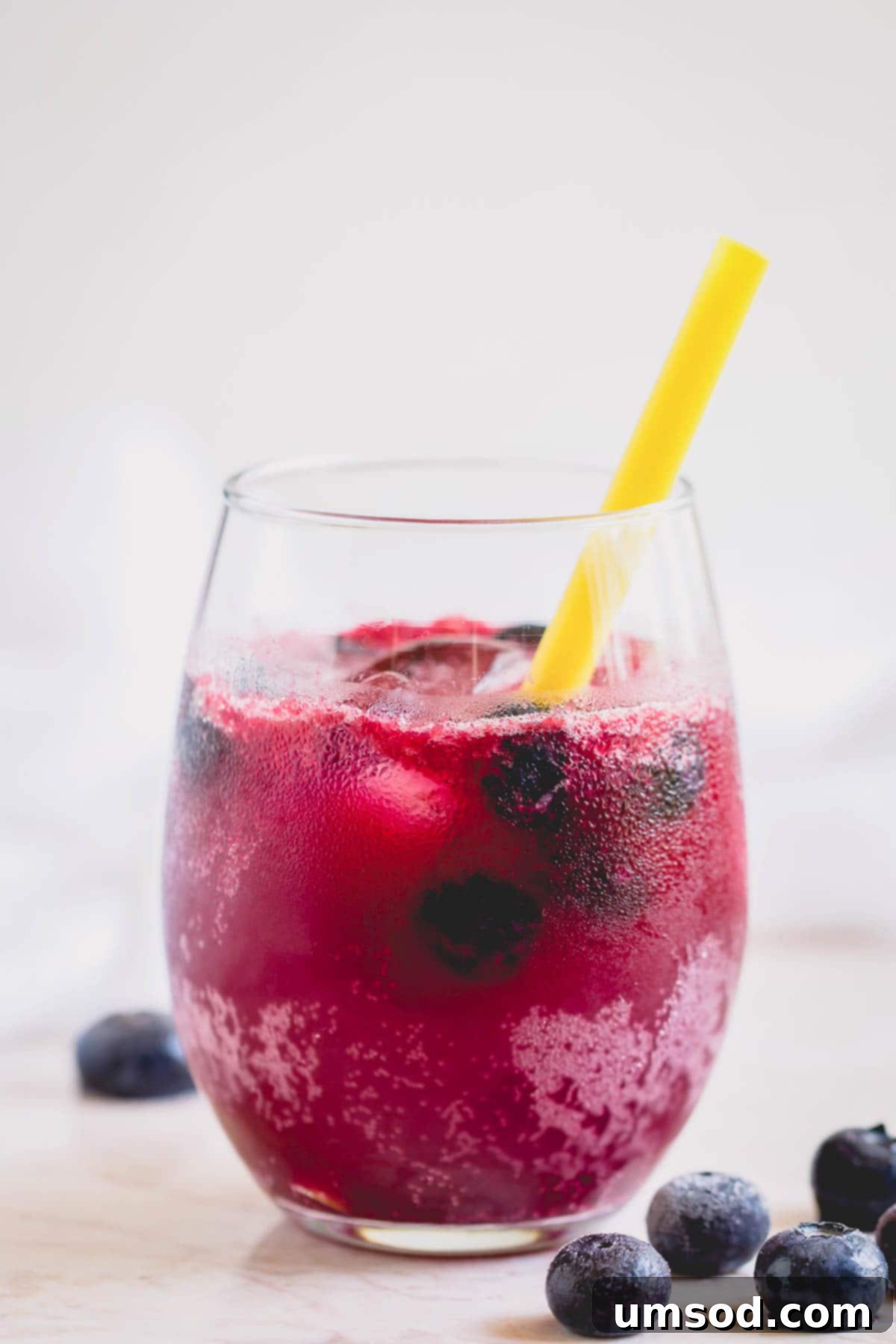 A glass of sparkling blueberry lemonade with a yellow straw, garnished with fresh blueberries and a lemon slice.