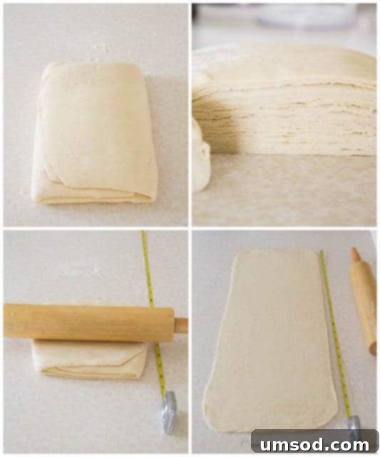 Flaky Homemade Croissants 9 Step-by-step photos for Day 3, Part 1 of homemade croissant making, showing the final rolling of the dough and the initial cuts for shaping.