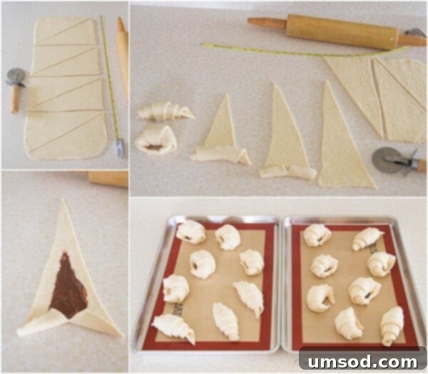 Flaky Homemade Croissants 10 Step-by-step photos for Day 3, Part 2 of homemade croissant making, demonstrating how to precisely shape the dough triangles into classic crescent croissants.