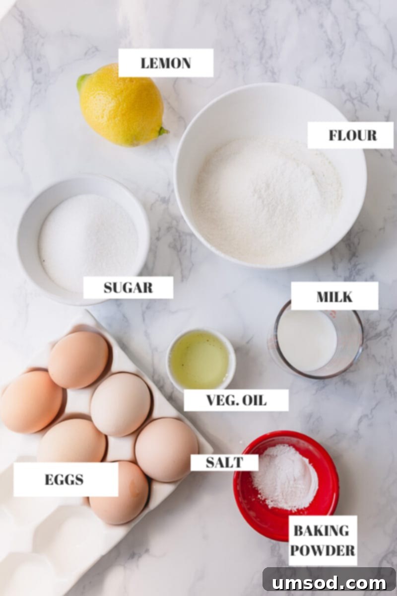 A selection of basic ingredients laid out, specifically chosen for baking a perfectly springy and crack-free Swiss roll, including fresh eggs, finely sifted flour, sugar, vegetable oil, and milk.