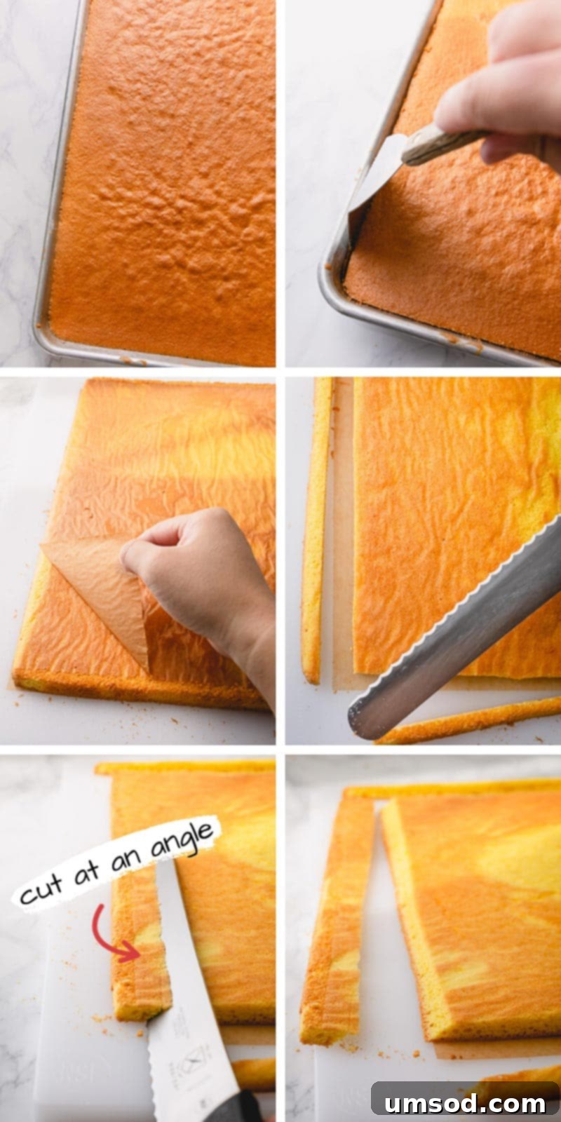 A detailed guide on how to perfectly cut a sponge cake, including the technique for creating an angled edge, ensuring a stable and beautifully presented roll cake.