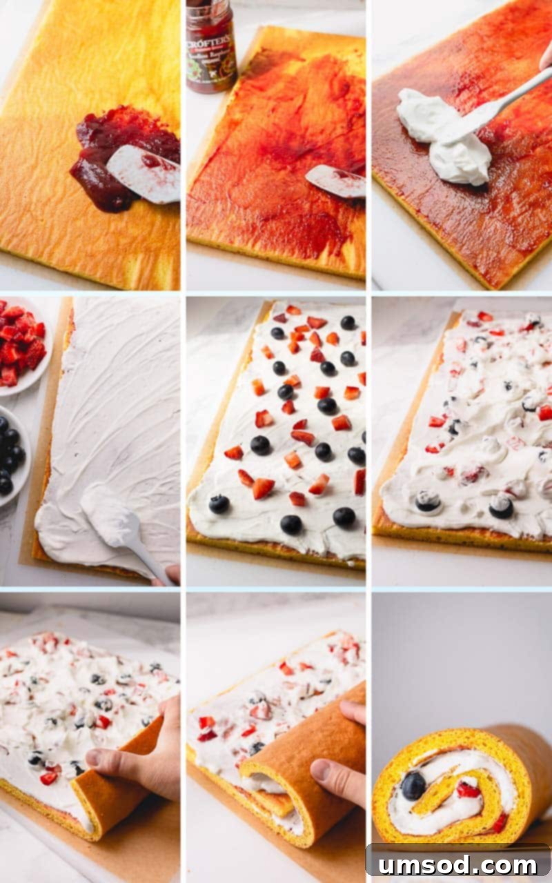 Detailed visual instructions on how to expertly fill and roll a classic Swiss roll cake, ensuring a beautiful and stable spiral.