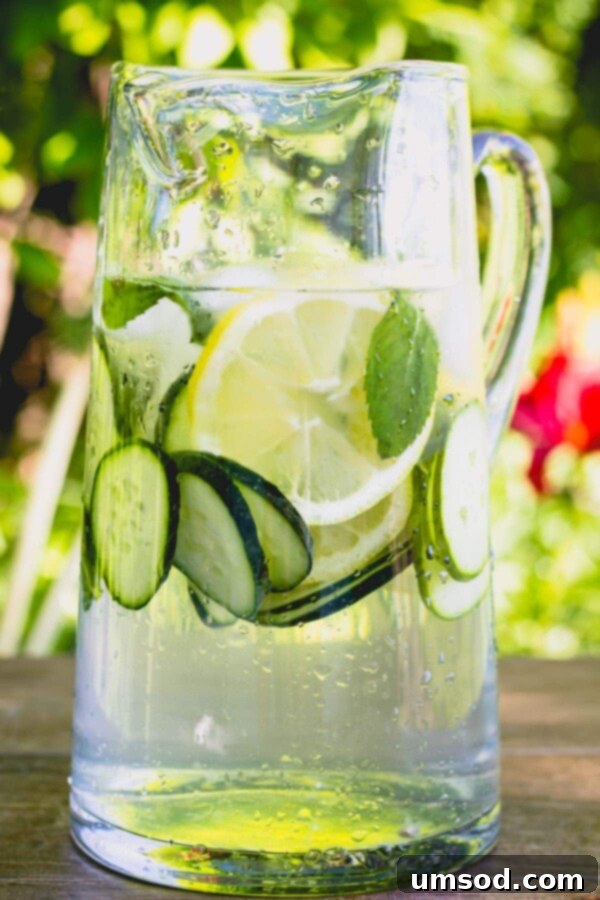 Three Ways to Refresh with Infused Water 3 Glass pitcher of refreshing cucumber lemon mint infused water with ice.