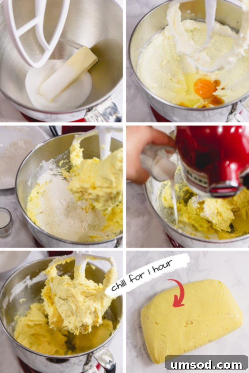 Step-by-step photos illustrating the process of making soft sugar cookies for mini fruit pizzas, from mixing to chilling.